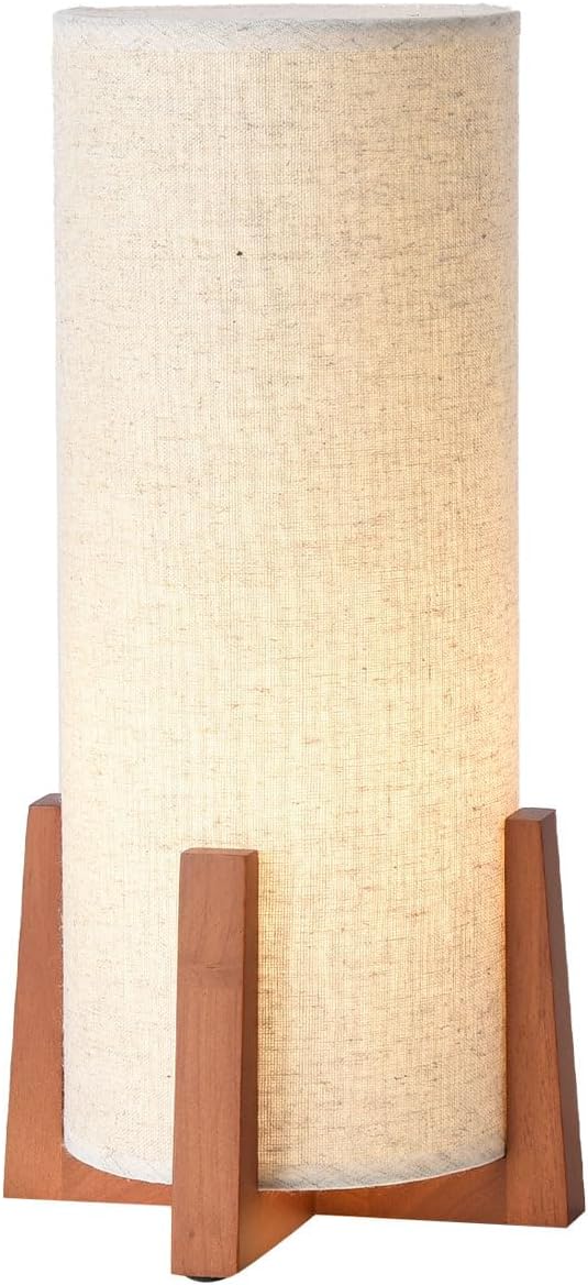 KUNJOULAM Modern Table Lamps, Nightstand Lamp with Linen Fabric Shade Brown Wooden Base, 13.9" Cylinder Bedside Table Lamp for Bedroom, Cafe, Living Room Home Decor