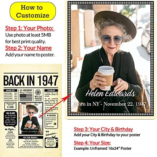 Personalized 78 year old birthday gifts - Back in 1947 Poster - Centerpiece Table Decorations 78th Birthday Party - Custom Born in 1947 Newspaper Vintage Poster for Men, Women