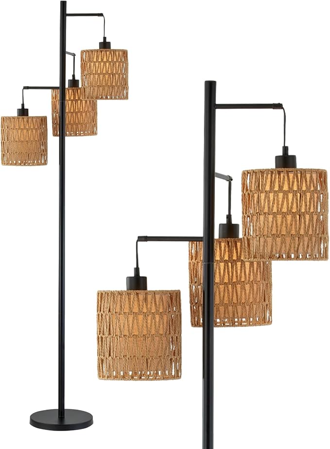 Maxax 65" Boho Rattan Floor Lamp for Living Room, 3 Lights Farmhouse Tree Standing Lamp with Rattan Shades, Multi Head Vintage Tall Floor Lights for Bedroom, Living Room, Office
