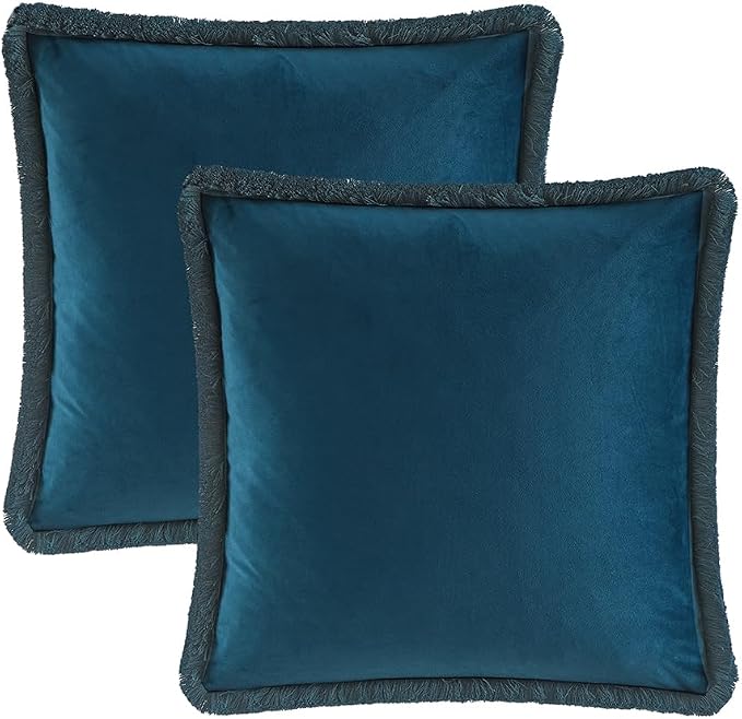 JUSPURBET Prussian Velvet Throw Pillow Covers 26x26 Inch Set of 2 with Soft Tassel Fringe Luxury Boho Pillowcase for Sofa Couch Bed Home Decor Machine Washable