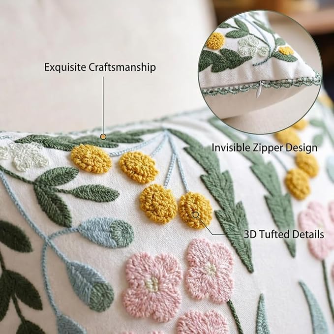 YIcabinet Pack of 2 Throw Pillow Covers,Little Daisy Embroidered Pillow Case Soft Decorative Pillowcases for Home Sofa Couch 18x18 Inch