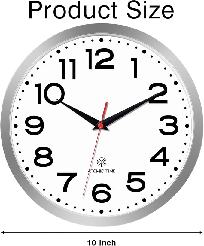 Roymnie 10 Inch Atomic Wall Clock, Battery Operated Silent Non Ticking | Silver analog wall clock; bold numerals for easy reading; silent non-ticking; 1 AA battery (not included); for classroom