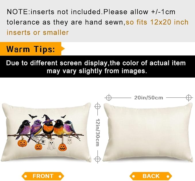RABUSOFA Halloween Pillow Covers 12x20 Inch Halloween Decorations Outdoor | Watercolor Birds,Waterproof,Spooky Ghost Pumpkin Bat Halloween Decor,Supplies Accessories for Home Couch Party Patio