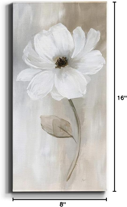 Renditions Gallery Canvas Floral Wall Art Modern Decorations Paintings Elegant White Rose Romantic Botanical Canvas Glam Wall Hanging Artwork for Bedroom Office Kitchen - 8"x16" LT43