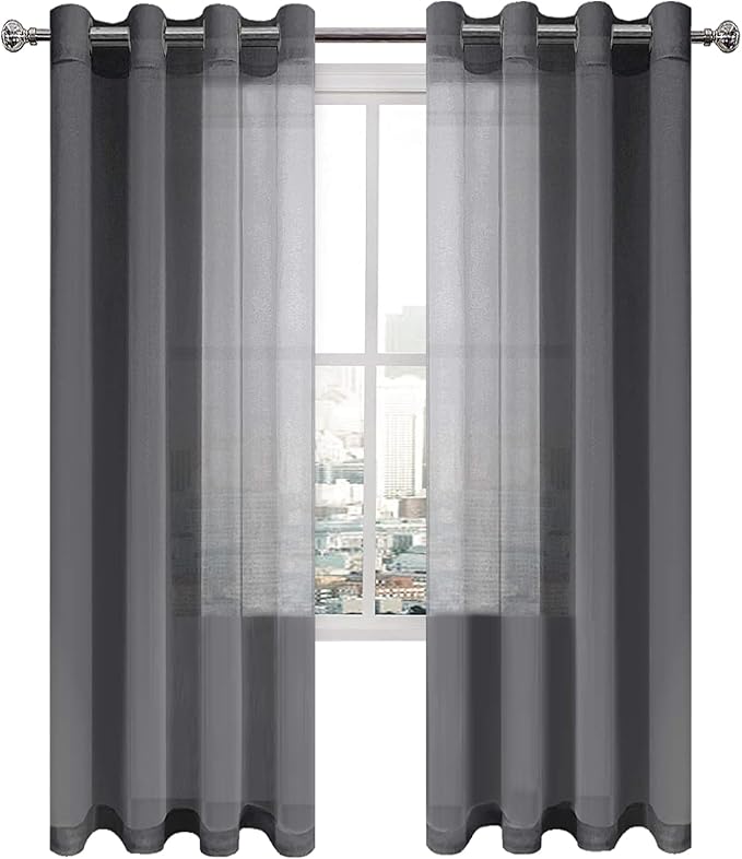 DWCN Dark Grey Sheer Curtains for Living Room Bedroom - Faux Linen Look Voile Drapes Grommet Top Window Curtain Panel 52 x 84 Inches Long, Set of 2 Panels