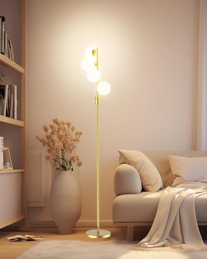 Mid Century Modern 4 Globe Gold Floor Lamp, Dimmable Standing Lamp with 3000K Warm White Bulbs Included, Tall Ambient Floor Lamp for Living Room Bedroom Home Office Sofa Beside Corner Decor