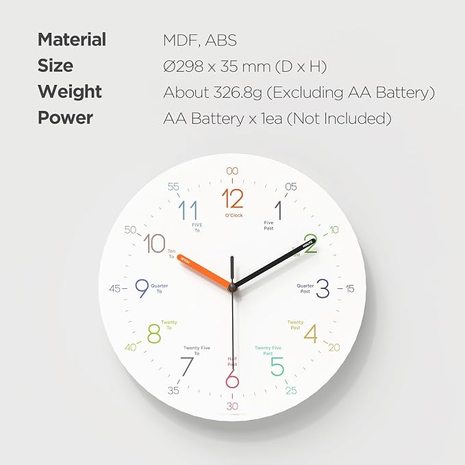 mooas Easy Learning Flatwood Wall Clock,12" Wood Clock | Non-Ticking Sweep Movement Decorative Clock Battery Operated Wall Clock for Home Living Room Bedroom School