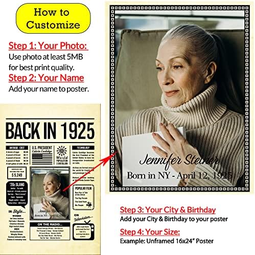 Personalized 100 year old birthday gifts - Back in 1925 Poster - Centerpiece Table Decorations 100th Birthday Party - Custom Born in 1925 Newspaper Vintage Poster for Men, Women