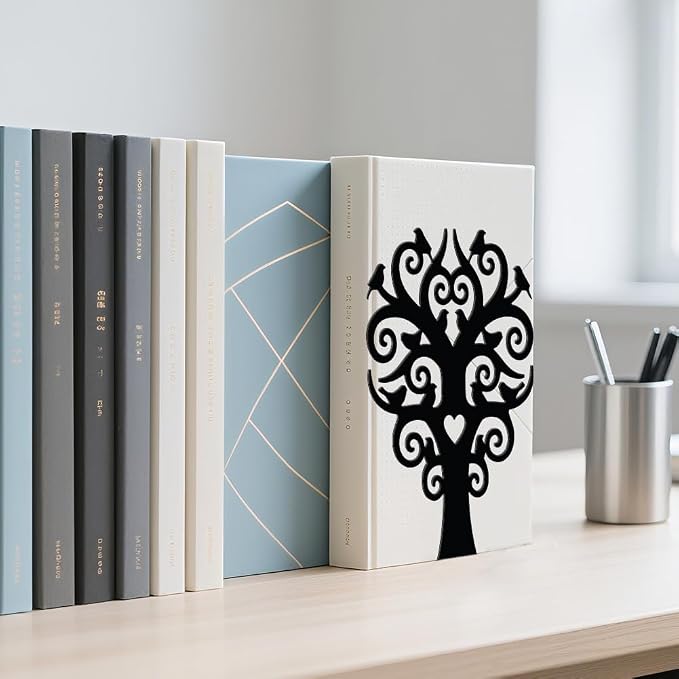 WADORN 1 Pair Branches Bird Metal Decorative Bookend for Shelves, Heavy Duty Book Ends Modern Non-Skid Books Holder Stand Black Book Support Stoppers for Desk Bookshelf Office Home, 5.3x4.3x7.9 Inch
