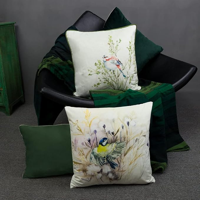 JWH Watercolor Blue Tit Bird Throw Pillow, Wildflower Meadow Decorative Cushion, Soft Velvet Pillow for Sofa, Couch, Bed, Nature Home Decor 18x18 Inches
