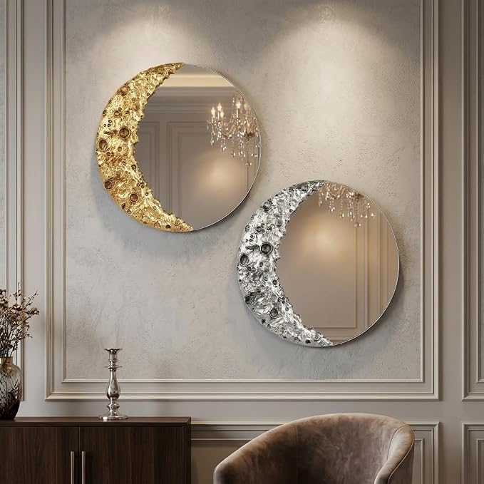 9 Inch Gold Moon Round Mirror Wall Decor | Wall Mirror Gold Nordic Lunar Surface Decor Mirror Unframed