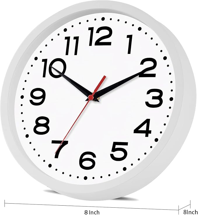 Roymnie 8 Inch Small Wall Clock, Battery Operated Silent Non Ticking White | analog wall clock; bold numerals for easy reading; silent non-ticking; 1 AA battery (not included); for classroom