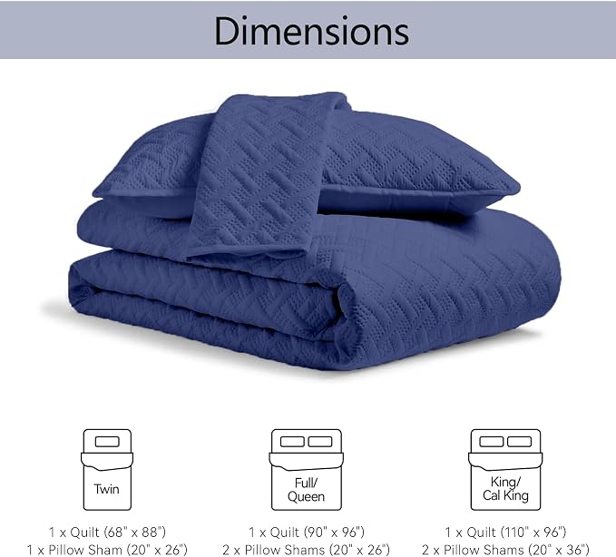FLYMME King Size Quilt Set - Soft Navy Blue Quilts Lightweight Microfiber Bedspread - Classic Basket Weave Pattern Bedspreads Coverlet 3 Pieces for All-Season (1 Quilt, 2 Pillow Shams)