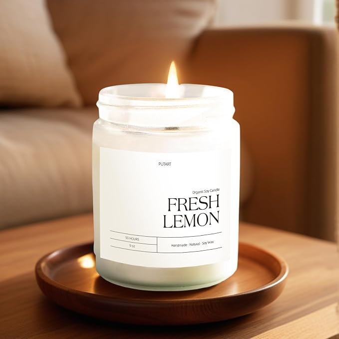 Fresh Lemon Highly Scented Candle for Home, 9oz Non Toxic Soy Candle | Natural Aromatherapy Candles with Essential Oil, Home Fragrance Stress Relief & Meditation Jar Candles Gifts for Women & Men