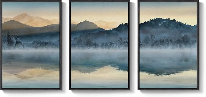 Framed Watercolor Mountain Landscape Wall Art for Living Room, 24x36 Inch | 3 piece, Modern, Minimalist, Large, Blue, Nature, Lake scenery, Dining room wall decor, Office art, Ready to hang, Wood frame
