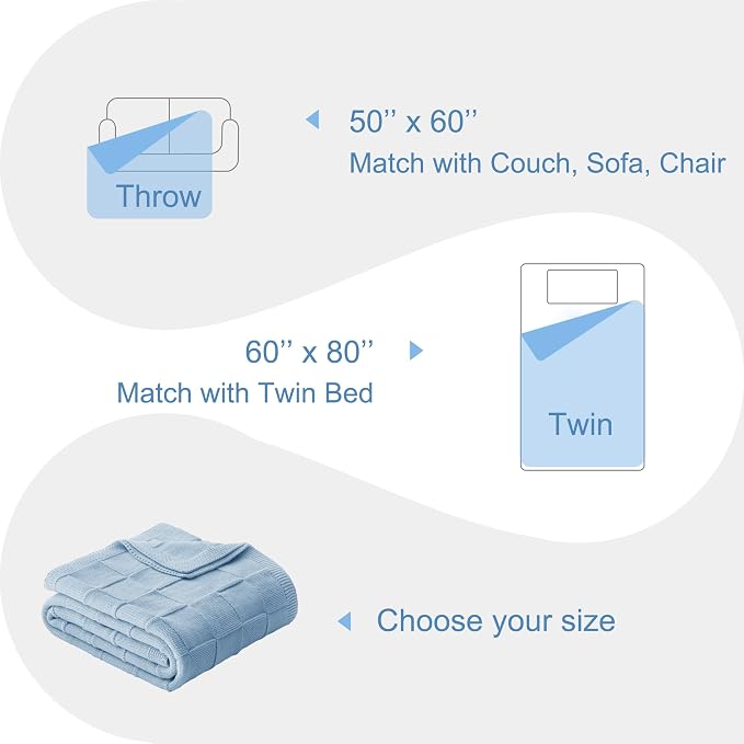 Whale Flotilla Checkered Knit Throw Blanket for Couch, Blue | Soft Decorative Knitted Blankets for Couch Sofa Bed, Lightweight Cozy Throws for Spring Summer, 60x80 Inch