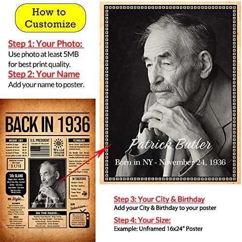 Back in 1936 Poster Sign, Personalized Birthday Gifts Idea, Custom 1936 Historical Birthday Newspaper, Born in 1936 Birthday Party Decorations, Fun Fact for the Day You Were Born, Decor Art Print