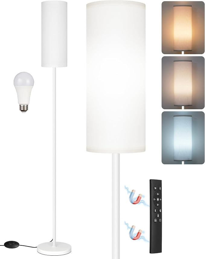 White Dimmable Floor Lamps for Living Room with Remote and Foot Switch, 64.4” Modern Standing Tall Lamp, Corner Lamp for Bedroom, Office, Bulb Included, 3000K-6500K, FCC Listed WCW06LD05W1
