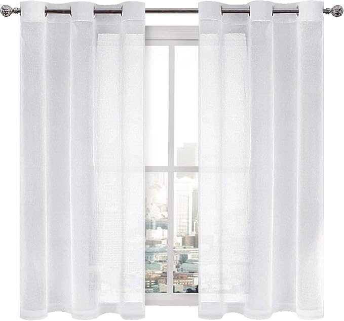 DWCN White Faux Linen Sheer Curtains - Grommet Voile Window Curtain Drapes for Bedroom Living Room 46 x 45 inch Length, Set of 2
