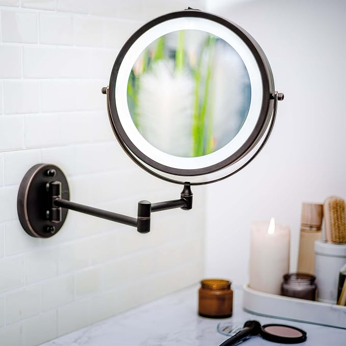OVENTE 9" Wall Mounted Lighted Makeup Mirror, Antique Bronze MFW85ABZ1X7X | Cordless Double Sided 1X/7X Magnifying Mirror for Bathroom with LED Lights, 360° Rotation, Extendable Arm, Battery Operated
