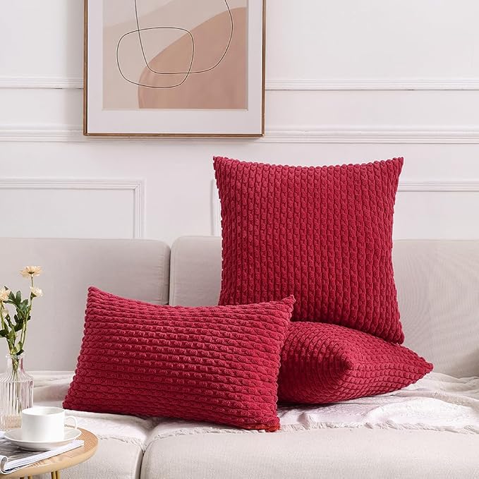 Fancy Homi 2 Packs Burgundy Decorative Throw Pillow Covers 20x20 Inch for Couch Bed Sofa, Modern Farmhouse Boho Home Decor, Soft Cute Plush Corduroy Wine Red Striped Cushion Case 50x50 CM