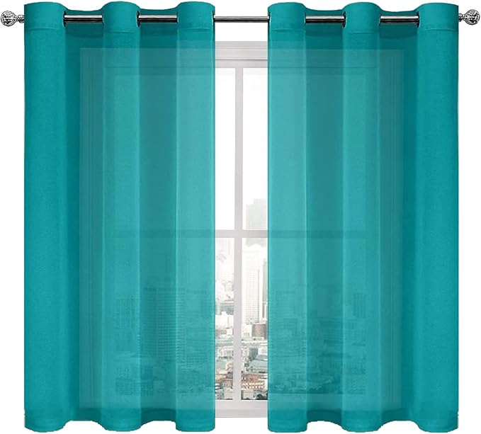 DWCN Turquoise Faux Linen Sheer Curtains - Grommet Top Voile Window Short Sheer Curtains Drapes for Bedroom Living Room 46 x 45 inch Length, Set of 2