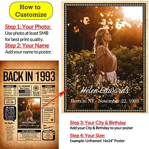 Back in 1993 Poster Sign, Personalized Birthday Gifts Idea, Custom 1993 Historical Birthday Newspaper, Born in 1993 Birthday Party Decorations, Fun Fact for the Day You Were Born, Decor Art Print