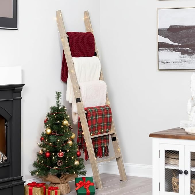 Blanket Ladder for the Living Room and Bedroom, Quilt Rack, Smokey Oak | 5ft 8 inch, 6-Tier Wall Leaning Blanket Holder, Laminate Snag Free, Rustic Decorative Farmhouse Ladder Shelf for Blankets