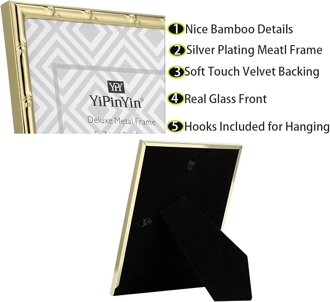 YiPinYin 4x4'' Gold Bamboo Design Metal Frame with mat for 3x3'' Set of 2, 3x3'' Elegant Gold Plated Metal Frame, Soft Touch Velvet Mat Desktop