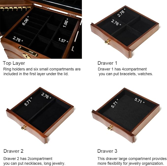 FEECOZ Wooden Jewelry Box for Women, Solid Wood Jewelry Organizer with Mirror and 3-Drawer, Ring,Necklacel,Vintage Style Storage Box with Lock (Dark Brown(Rose Pattern)