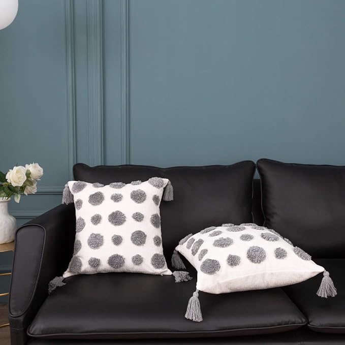 PLWORLD Boho Gray Pillow Cover 20x20, Tufted Chenille Cushion Case with Pom Poms & Tassels, 1PC Cover Only, No Insert