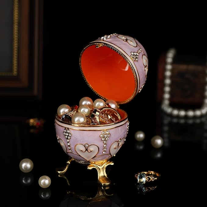 QIFU Hand Painted Pink Easter Egg Style Enamel Trinket Box Hinged, Unique Gift for Family