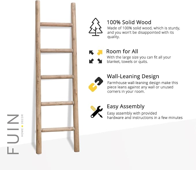 FUIN Blanket Ladder, 57in Rustic Solid Wood Decorative Ladder, Brown | Farmhouse living room accent, Layered blanket towel quilt display, Visible wood grain, Bathroom and Bedroom use