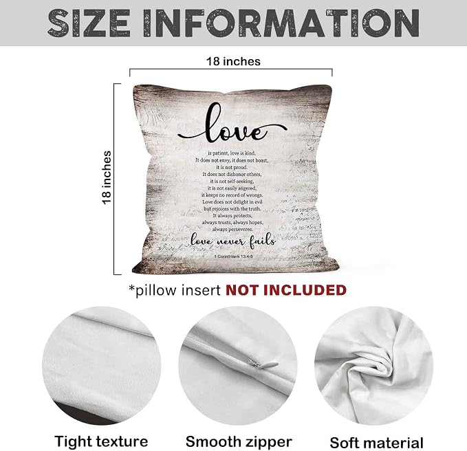 Vintage Christian Bible Verse Love Never Fails Throw Pillow Covers 18x18, Rustic Scripture Corinthians Decor Pillow Cases for Bedroom Living Room, Religious Decorative Pillowcase for Couch Bed
