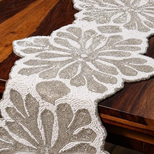 Handmade Beaded Table Runner 13x36 Inch – Silver & White Floral Beaded Runner for Christmas, Easter, Wedding Decorations, Elegant Dining Table Centerpiece & Home Decor Mat