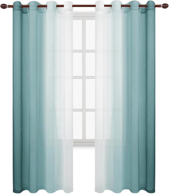 DWCN Ombre Faux Linen Extra Long Sheer Curtains - Semi Voile Gradient Grommet Top Curtains for Bedroom and Living Room, 52 x 102 Inches Long, Set of 2 Window Curtain Panels, Peacock Blue