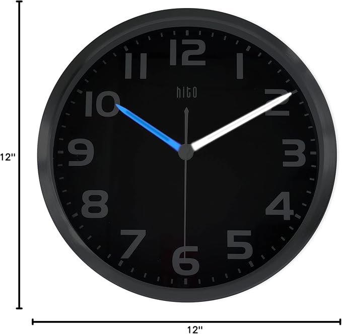 HITO 12 Inch Night Light Wall Clock Battery Operated Brightness Adjustable, Metal Frame, Glass Cover(Hands Illuminate)