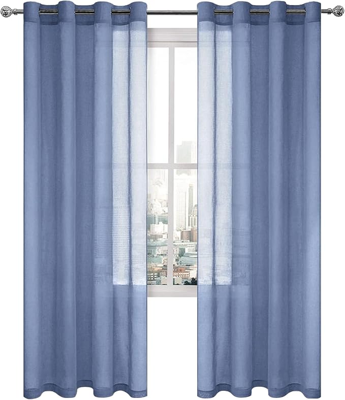 DWCN Sheer Curtains for Living Room Bedroom - Faux Linen Look Voile Drapes Grommet Top Window Curtain Panel 52 x 84 Inches Long, Dusty Blue, Set of 2 Panels