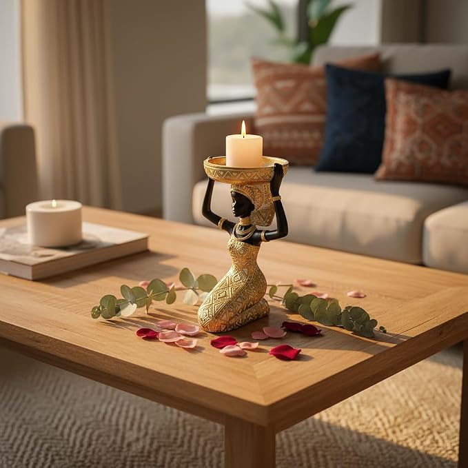 African Lady Figurine Candle Holder with African Tribal Totem for Wedding,Church,Holiday Decor-African Decorative Women Statues, Candlestick Holder for Home and Table Decor(753-Gold)