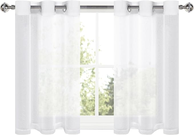 DWCN White Faux Linen Sheer Curtains - Grommet Top Voile Short Semi Solid Sheer Window Sheer Curtains Drapes 36 Inches Long for Bedroom Living Room, 46 x 36 inch Length Set of 2 Panels
