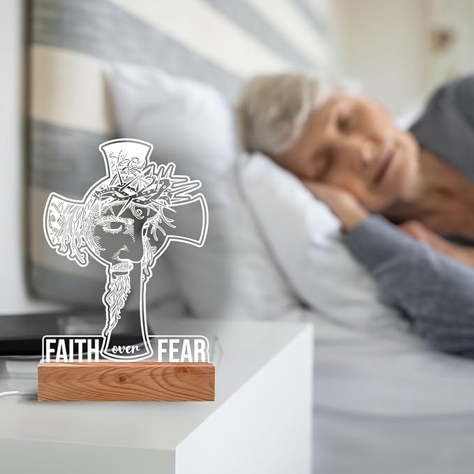 Faith Over Fear LED Night Light with Jesus and Cross Design