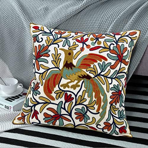 Alysheer Embroidered Summer Decorative Throw Pillow Cover 18"x 18" Set of 2, Boho Orange Bird Embroidery Patterned Cotton Cushion Case for Sofa Couch Living Room Bedroom Outdoor