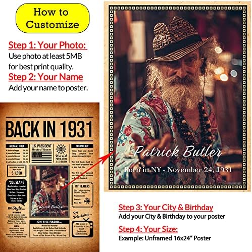 Back in 1931 Poster Sign, Personalized Birthday Gifts Idea, Custom 1931 Historical Birthday Newspaper, Born in 1931 Birthday Party Decorations, Fun Fact for the Day You Were Born, Decor Art Print