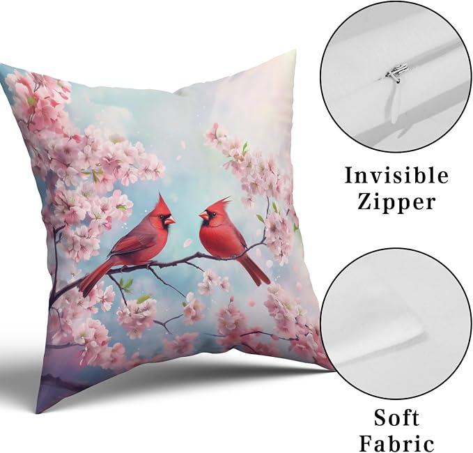 Giwawa Spring Birds Pillow Covers Set of 2, Cherry Blossom Floral Cushion Covers 20x20in, Watercolor Flowers Soft Cotton Throw Pillow Cases for Sofa Couch Patio Bedding Seasonal Decoration