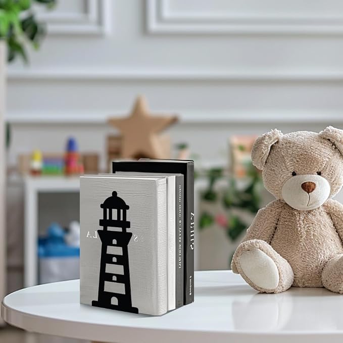 Peacoblue 5.3"x4.3"x7.9" Metal Bookends, Heavy Duty Book Ends for Shelves | Lighthouse Theme Cast Iron Book Supports, 1 Pair Decor Stoppers for Desk, Library, Office & Home Shelves