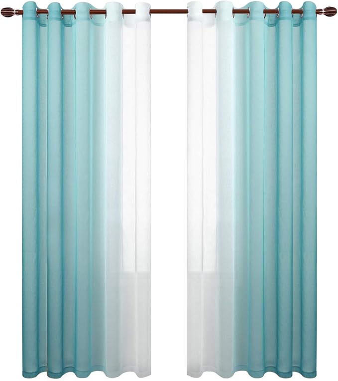 DWCN Ombre Faux Linen Sheer Curtains - Extra Wide Gradient Semi Voile Grommet Top Bedroom and Living Room Curtains, 60 x 84 Inches Long, Set of 2 Window Curtain Panels, Teal Green