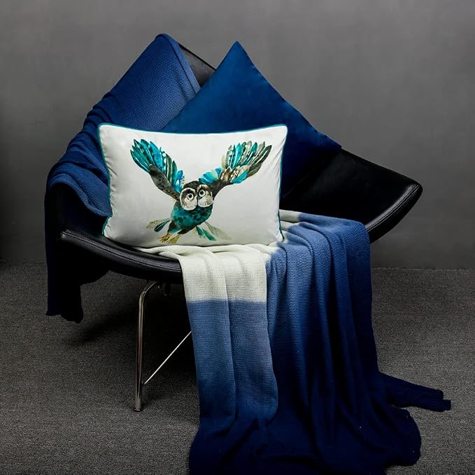 JWH Owl Velvet Throw Pillow Cover Decorative Animal Print Beige Accent Pillow Case Lumbar Cushion Soft Pillowcase for Couch Bed Bedroom Car Chair 14x20 Inch Blue Green