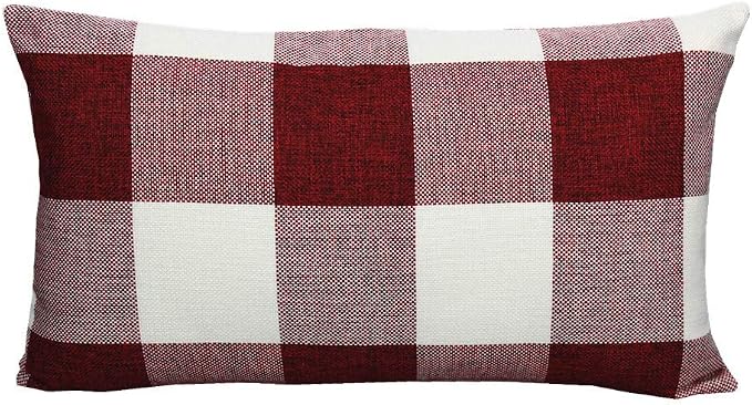 VAKADO 12x20 Inch Pack of 2 Farmhouse Retro Check Plaids Lumbar Throw Pillow Covers Christmas Decorative Rectangle Cushion Cases for Sofa Couch Car, Red White