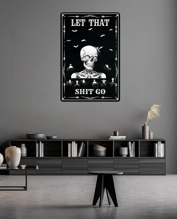 Skull Poster - Funny Bathroom Sign Wall Decor - Halloween Skull Decor - Let That Shitgo - Quote Wall Art for Bathroom Decor - 8x12 inches Hanging Tin Sign