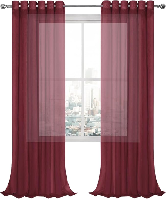 DWCN Sheer Curtains, Faux Linen Grommet Window Curtain Voile Sheer Drapes for Living Room Bedroom Thanksgiving Day & Christmas Decor Set of 2 Panels 70 x 95 Inch Long, Burgundy Red